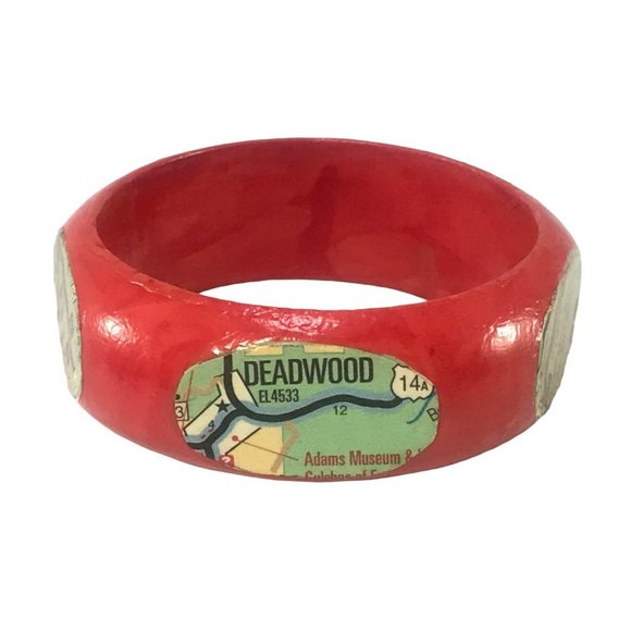 Handmade Other - Altered Red Wood Bangle Bracelet with Deadwood Black Hills Map Collage